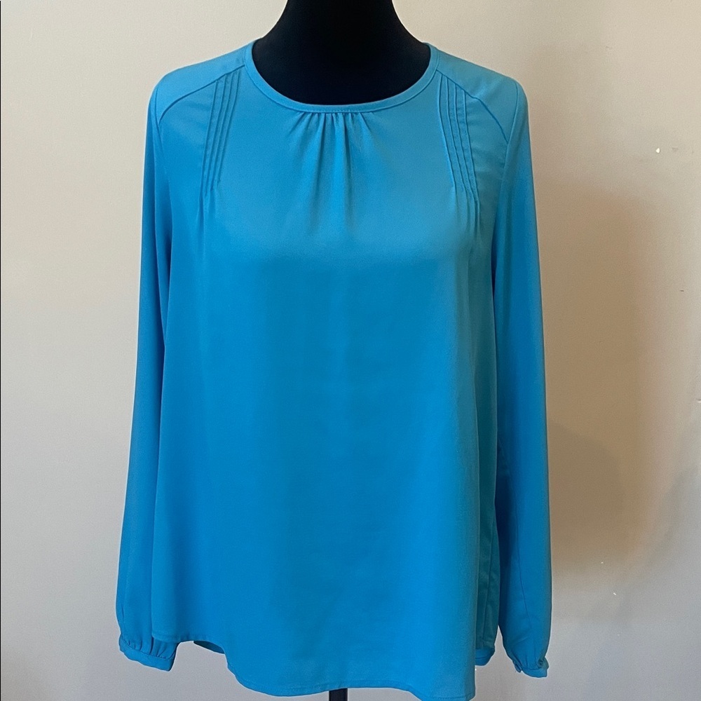 Women's Long-Sleeve Pleat Detail Blouse - Blue small with tie back